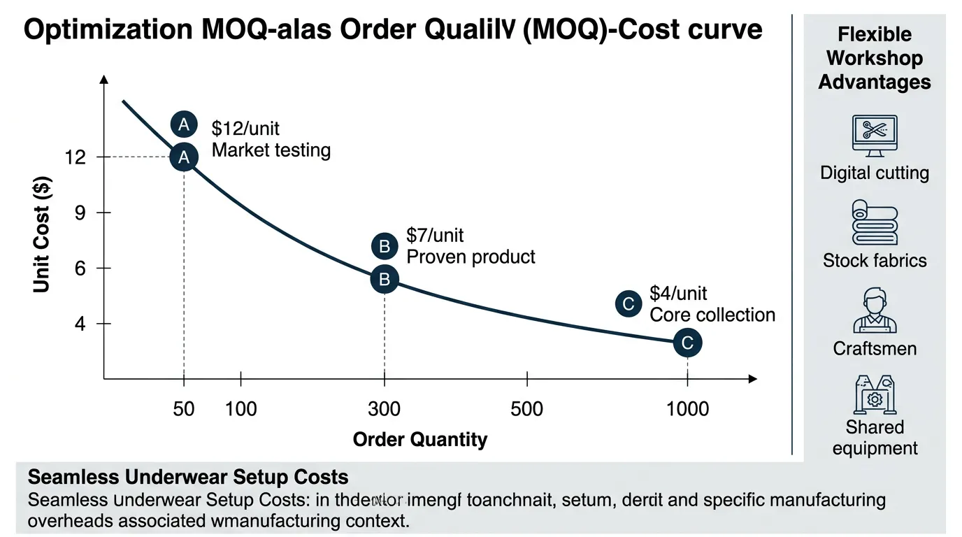 Technical diagram showing MOQ-Cost curve optimization and Flexible Workshop advantages