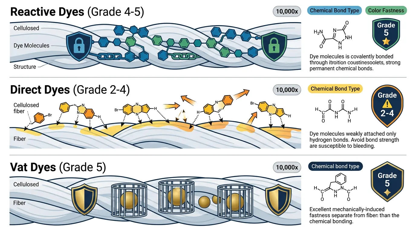 Molecular bonding mechanisms: Reactive, Direct, and Vat dyes comparison - professional apparel manufacturing perspective