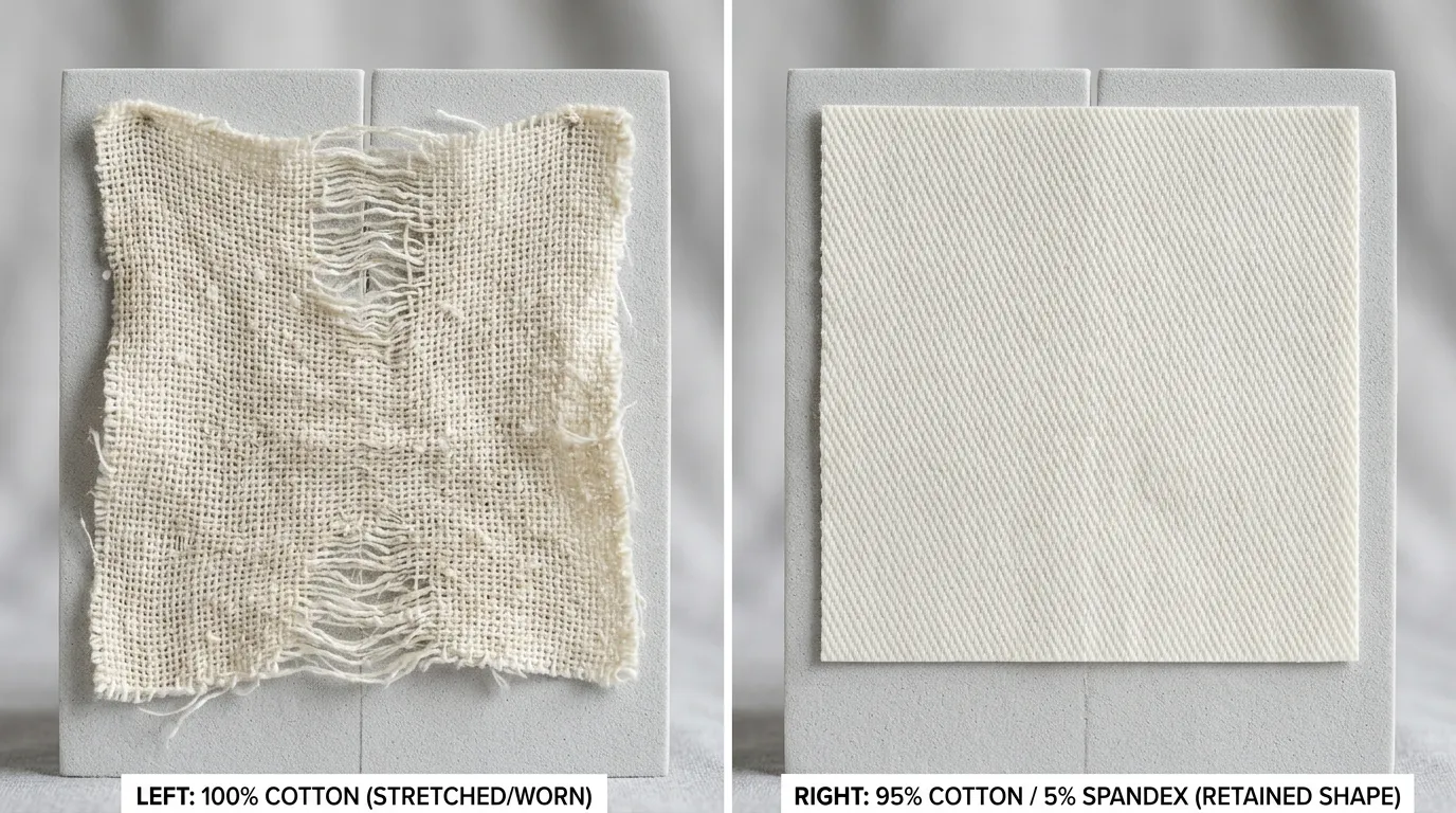 Comparison of 100% cotton fabric (left, baggy and deformed) vs 95% cotton/5% spandex blend (right, smooth and perfectly fitted) - professional apparel manufacturing perspective