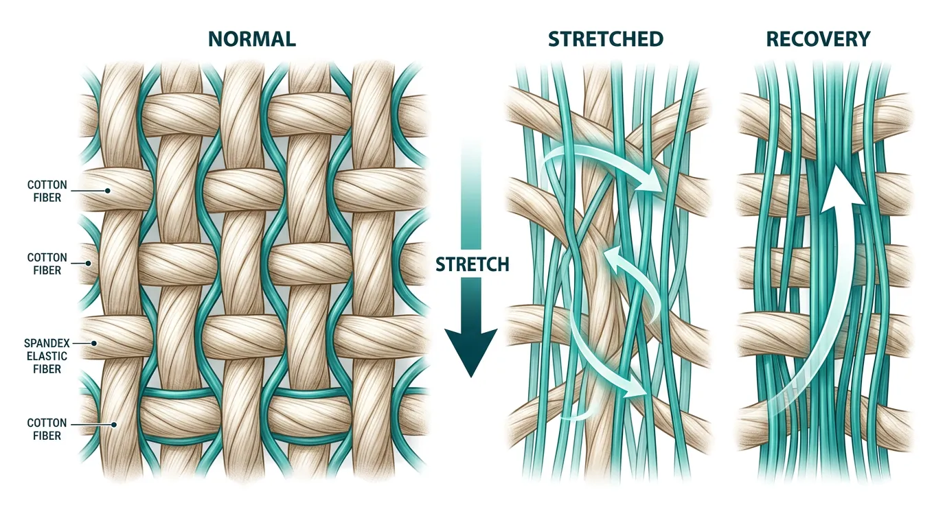 Scientific cross-section illustration showing cotton and spandex fibers woven together, with arrows demonstrating how spandex contracts and pulls cotton back to original shape