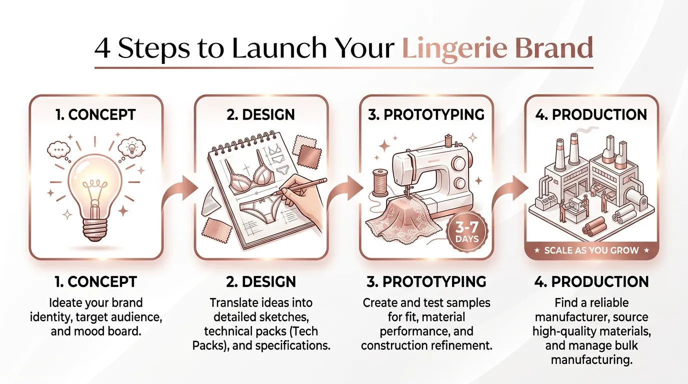 Process diagram showing the 4 steps to launch a lingerie brand