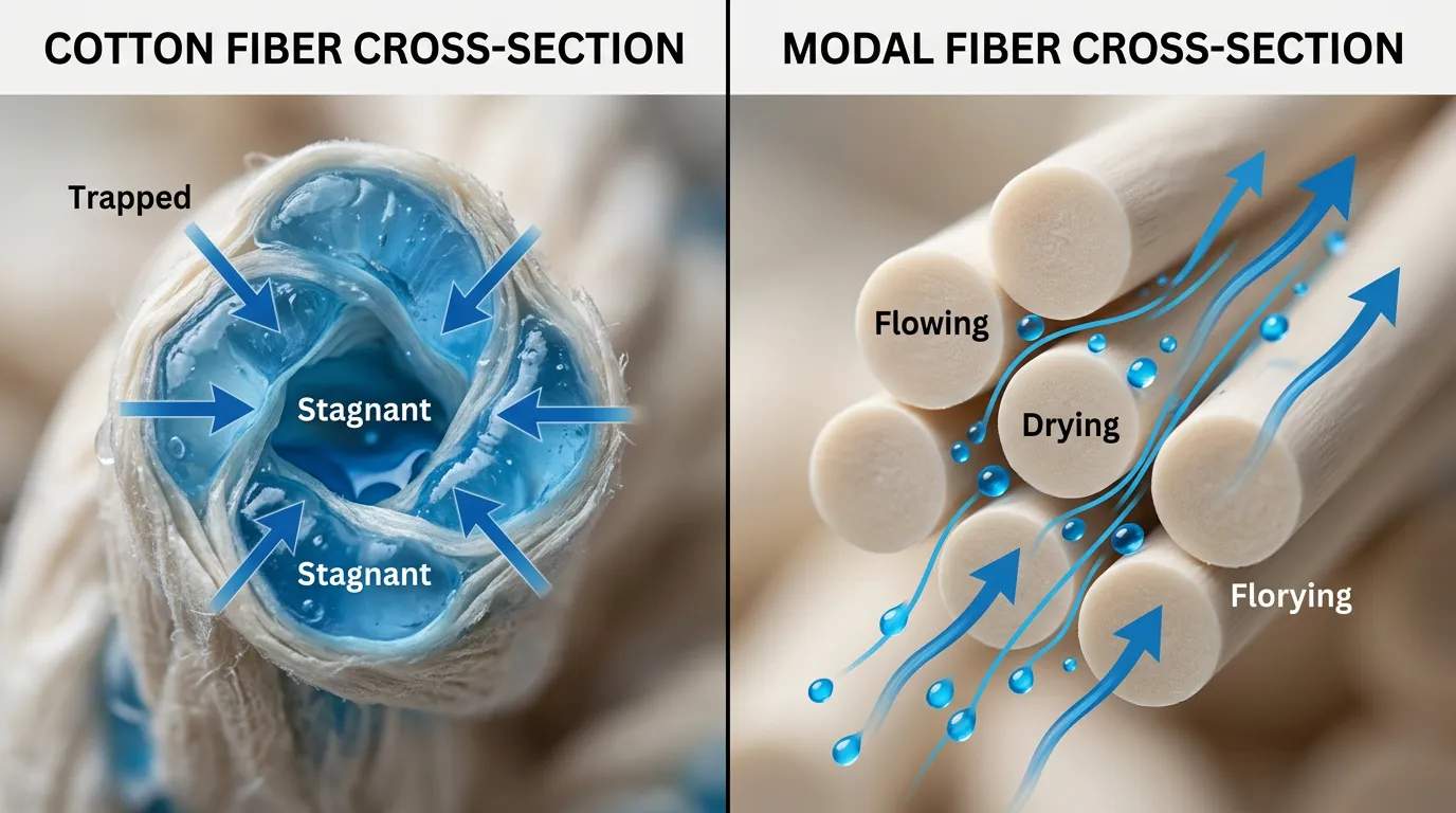 Split-screen comparison: cotton fibers trap water inside while Modal fibers wick moisture between channels