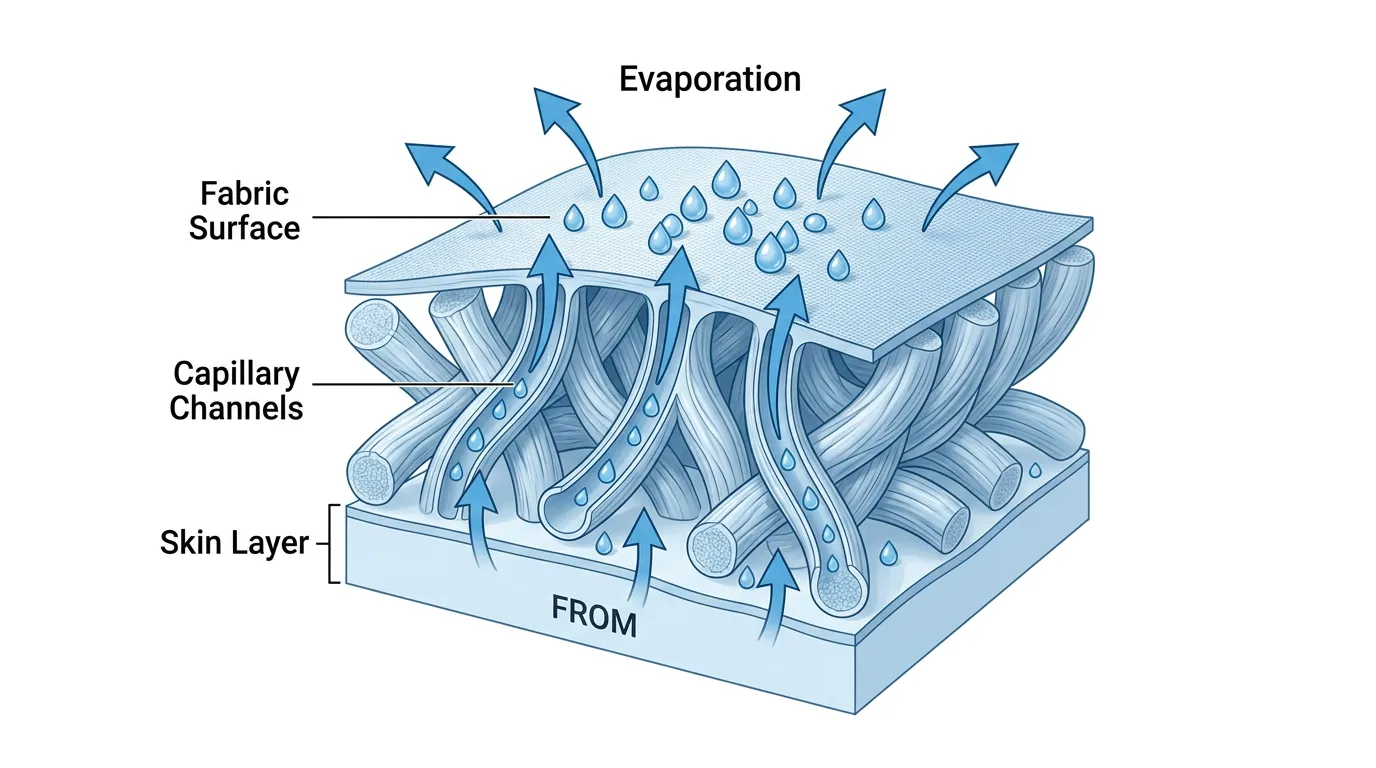 Diagram showing how capillary action moves sweat away from skin through fabric channels to the surface for evaporation