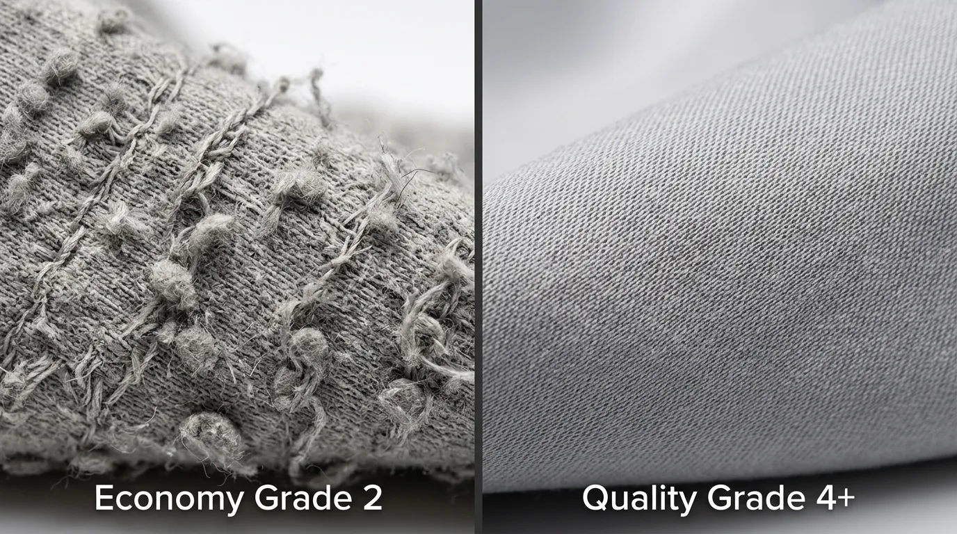 Split-screen comparison showing economy pilled fabric vs quality smooth fabric - professional apparel manufacturing perspective