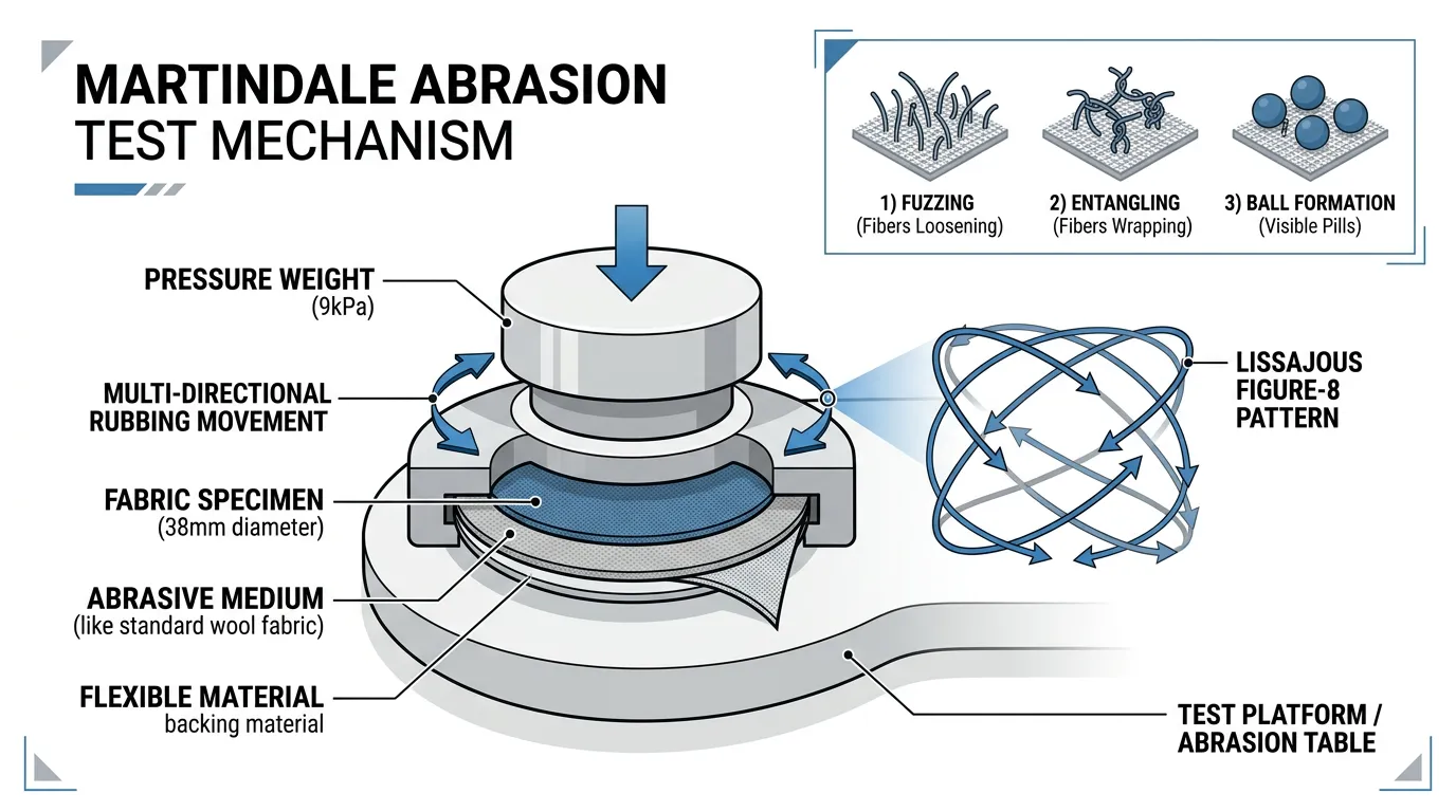 Martindale Abrasion Test mechanism showing Lissajous figure-8 motion pattern and pilling stages