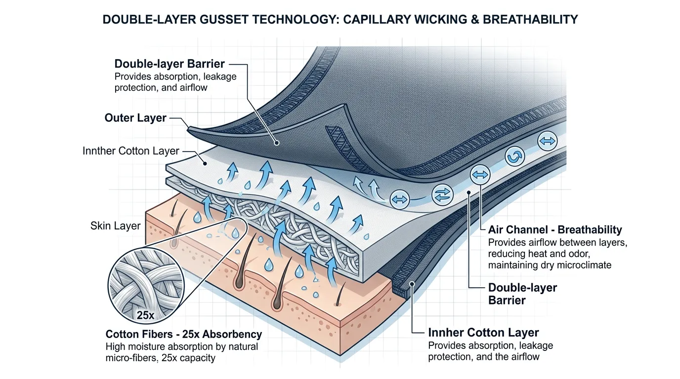 Cross-section diagram of double-layer gusset showing moisture wicking - professional apparel manufacturing perspective