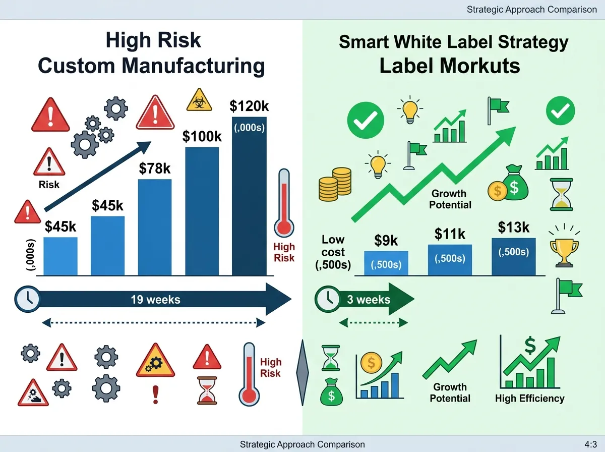 Comparison visualization showing High Risk Custom Manufacturing vs Smart White Label Strategy with cost bars and timeline indicators