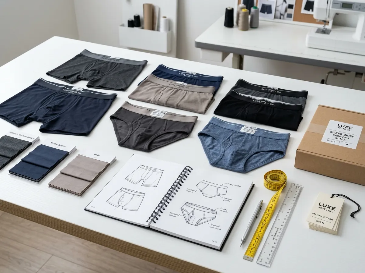 Professional product photography showing premium underwear samples with fabric swatches and design elements on a clean white table