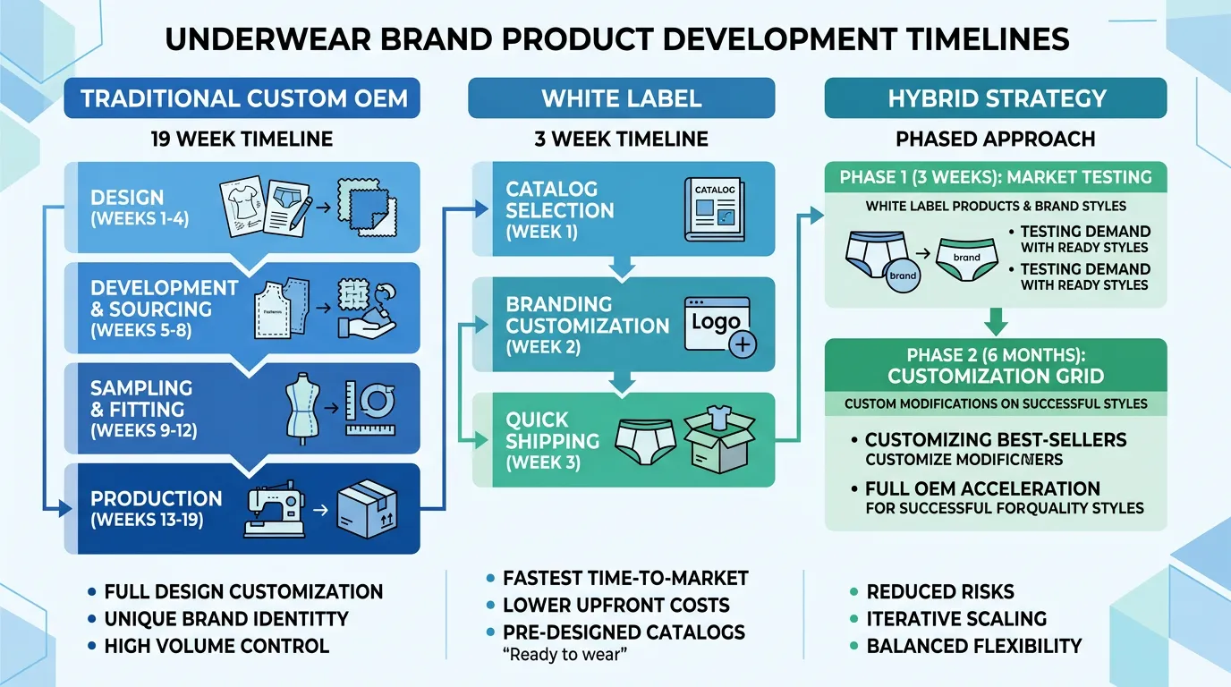 Timeline comparison showing White Label (3 weeks), Private Label (6-10 weeks), and Full Custom OEM (19 weeks) paths